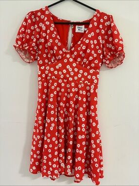 Princess Polly Orange red Daisy-Print Puff Sleeve Dress size 8